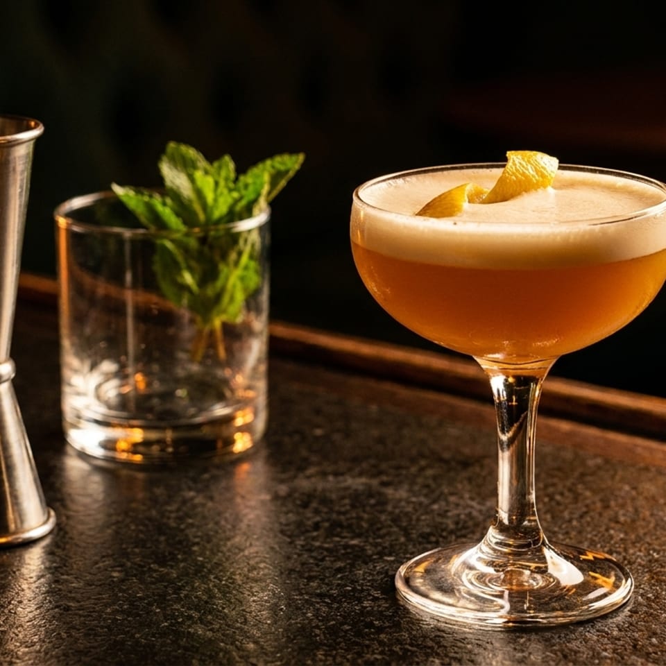 Amber cocktail with a foamy top and citrus garnish beside a jigger and mint in a dimly lit bar.