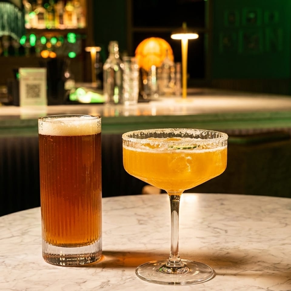 Two cocktails, including an amber highball and citrus margarita, sit on a marble table in a warmly lit green bar.