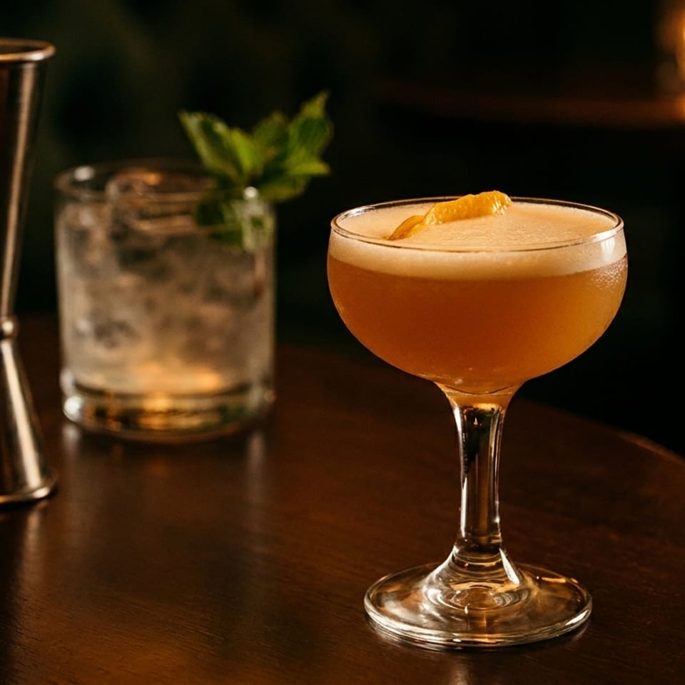 Amber cocktail with an orange twist sits in a coupe glass beside a mint-garnished tumbler and metal jigger on a dimly lit bar.